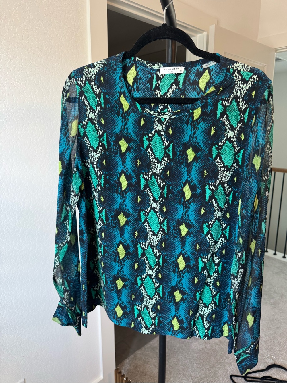 Equipment Teal, Green & Black Snake-Print Long Sleeve Blouse
